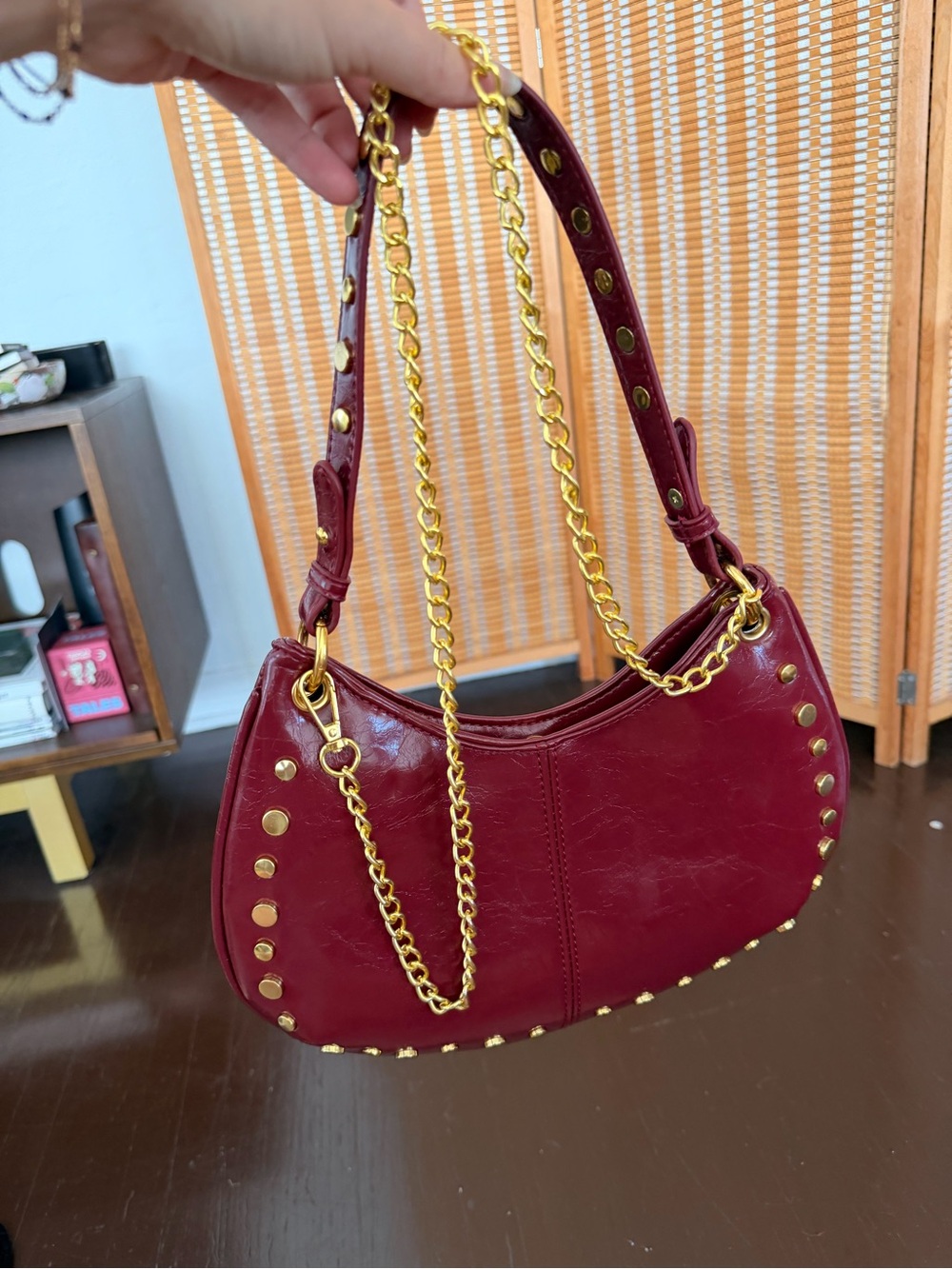 Gold-Trim Burgundy Shoulder Bag